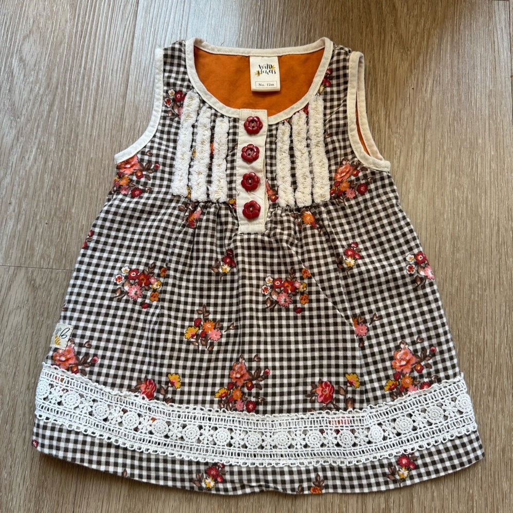 Wildflowers Gingham Dress with Red Button
